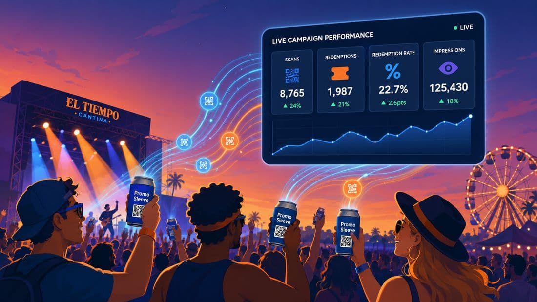 Live campaign dashboard showing scans, redemptions, and impressions
